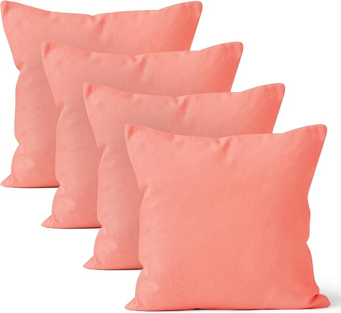 Encasa XO Throw Pillow Covers 20x20 in Set of 4 Coral | No Inserts | Cotton Pillow Covers for Living Room, Bed, Sofa, Couch | Decorative Cushion Covers with Improved Zipper