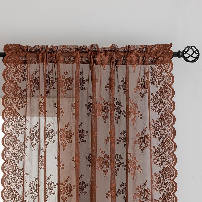 Kotile Warm Brown Sheer Curtains 84 Inches Long 2 Panels W52 x L84 Inch, Dark Brown Colored Cottage Lace Curtains for Living Room, Rod Pocket Privacy Light Filtering Rustic Floral Sheer Window Curtain