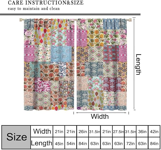 Boho Patchwork Blackout Curtains Farmhouse Patchwork Quilted Country Check Plaid Print Window Drapes for Bedroom Living Room Kitchen Cafe （W21xL63 Inch） x2 Panels
