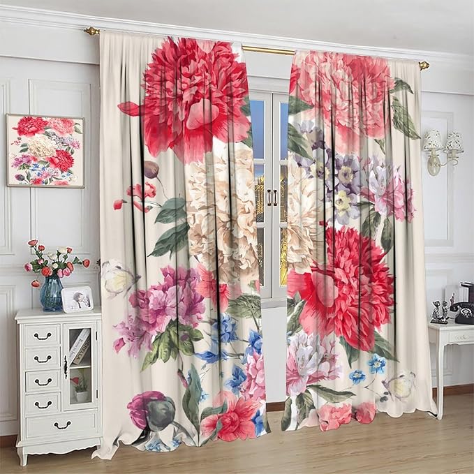 Floral Blackout Window Curtain Vintage Bouquet of Peony Wild Flowers Nature Botanical Leaf for Home Kitchen Restaurant Decoration Drapes 2 Panels 42x45 Inch, Style-2