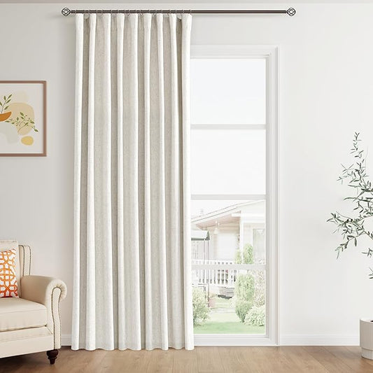 Joywell 100% Blackout Extra Wide Linen Curtains 90 Inch Long for Bedroom 1 Panel Natural Black Out Curtain Back Tab Hook Belt Light Blocking Drapes for Patio Window Cream Ivory 60 x 90