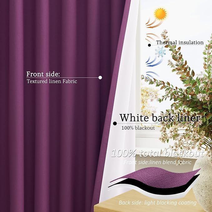 Jowels Purple Linen Blackout Curtains 84 Length 2 Panels Set for Living Room Bedroom, 100% Black Out Thermal Insulated Linen Drapes, Room Darkening Grommet Curtains 84 Inches Long, Purple