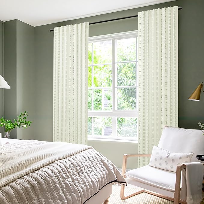 Cream and Green Cottage Core Curtains Semi Blackout, Botanical French Country Drapes for Bedroom Living Room 84 Inches Long