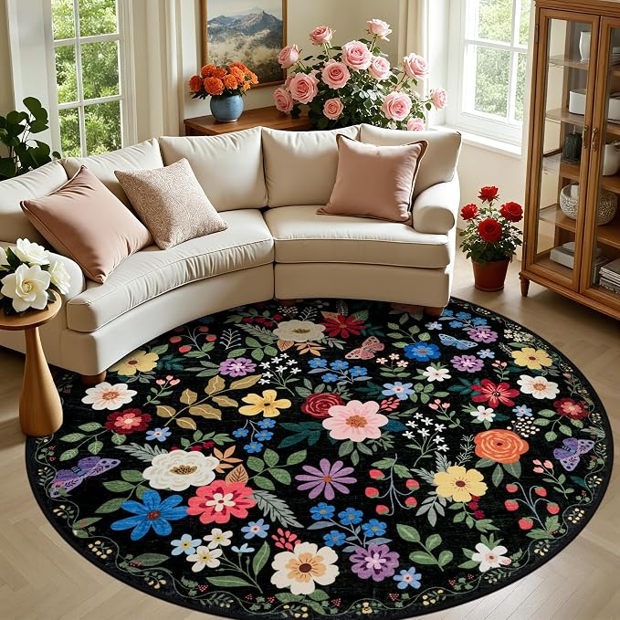 Round Area Rug for Living Room: 8 ft Floral Washable Circle Rug Soft Boho Non-Slip Carpet Indoor Floor Stain Resistant Low Pile Small Circular Rug for Bedroom Entryway Kitchen Nursery Black