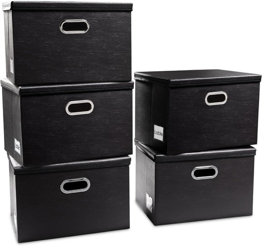 PRANDOM Extra Stackable Storage Bins with Lids [5-Pack] Leather Fabric Foldable Storage Boxes Organizer Containers Baskets Cube with Cover for Bedroom Closet Office Nursery Black (22.8x15.7x13.8)