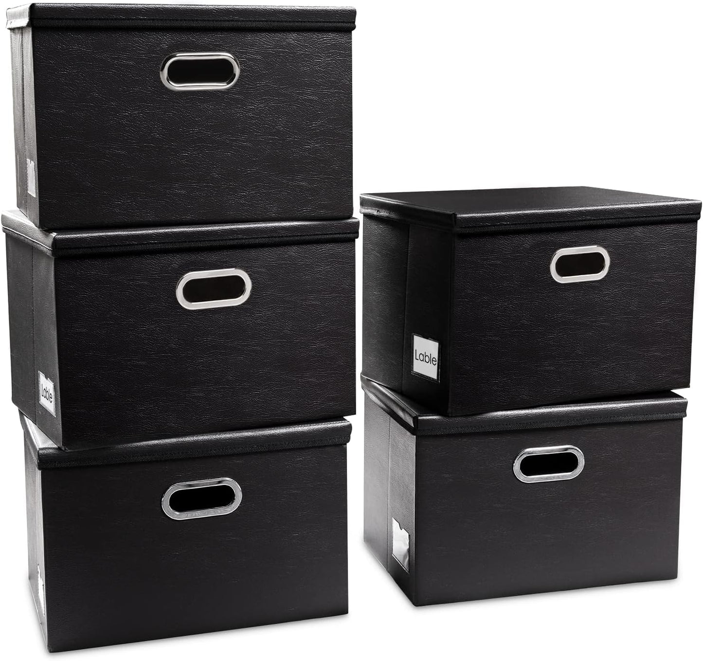 PRANDOM Large Stackable Storage Boxes with Lids [5-Pack] Leather Fabric Foldable Storage Bins Organizer Containers Baskets Cubes with Cover for Bedroom Closet Office Nursery Black(17.7x11.8x11.8)
