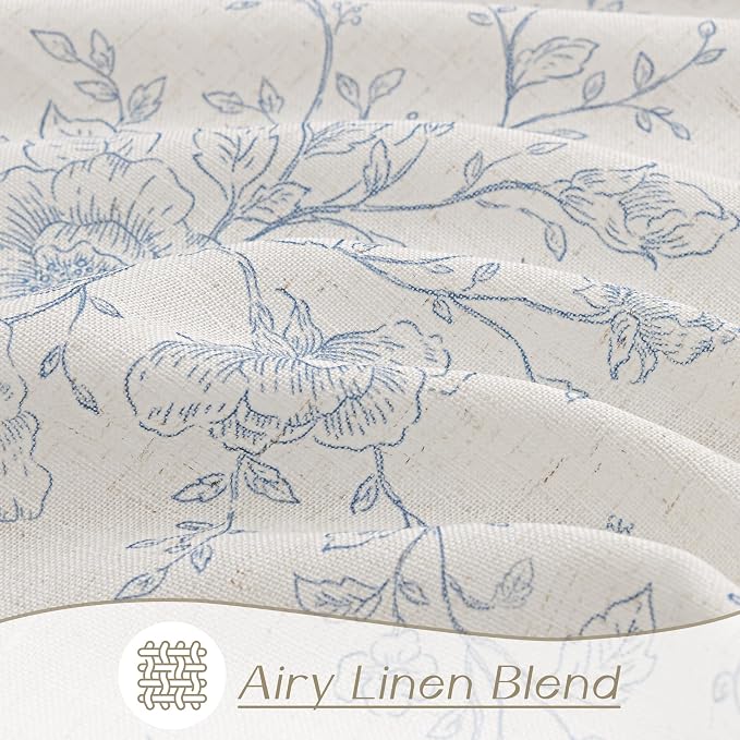 Pinch Pleat Floral Linen Curtains 120 inch Long Blue and Cream Memory Trained Curtain Light Filtering Living Room Farmhouse Flower Pattern Printed Pleated Drapes with Hooks 2 Panels 40“W x 120"L