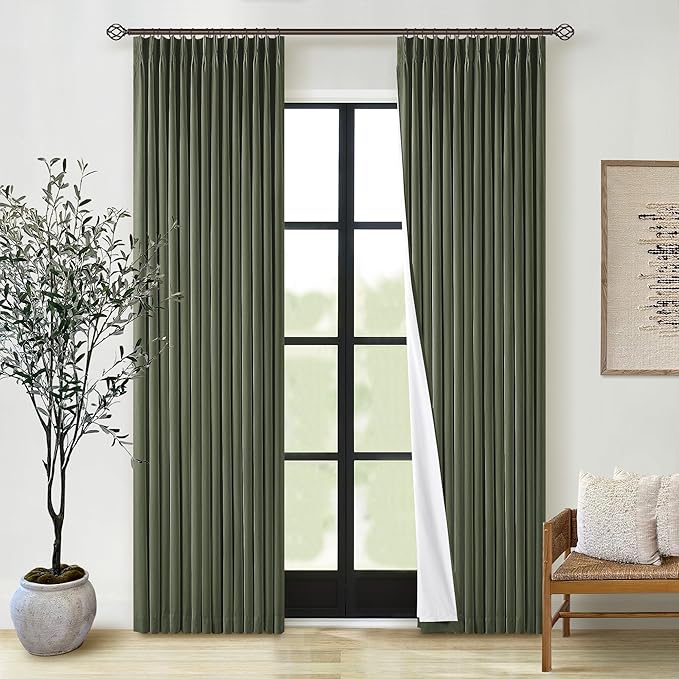 Olive Green Pinch Pleated 100% Blackout Linen Curtains for Bedroom 84 Inch Length Room Darkening with Liner Dark Green Window Curtains 84 Inches Long for Living Room Black Out Pleat Drapes Back Tab