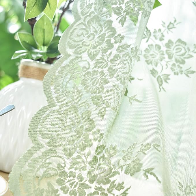 Kotile Sage Green Sheer Curtains 36 Inch Length 2 Panels, Country Rustic Floral Design Spring Short Sheer Curtains for Windows, Rod Pocket Privacy Lace Cafe Curtains, 42 x 36 Inch Each, Sage Green