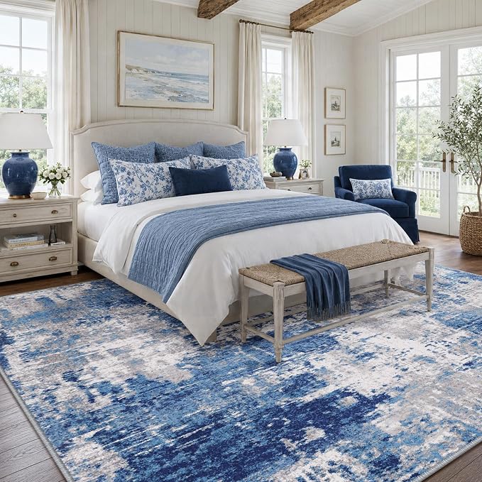 RELEANY Washable Area Rugs 10'x12' Non-Slip Modern Abstract Soft for Living Room Entryway Bedroom Kitchen, Print Pattern, Blue Grey Navy Gray