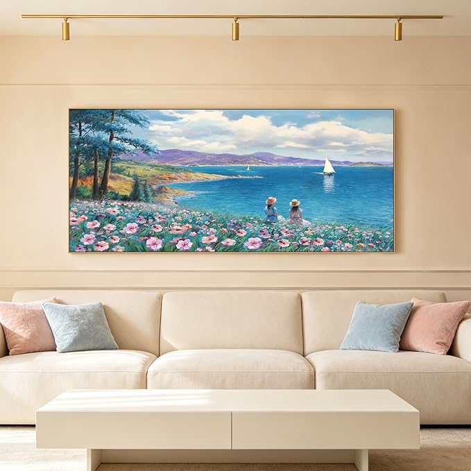 Large Framed Wall Art for Living Room Mountains Ocean Canvas Picture | Extra Large 70x31 Inches Rustic style Seascape Pink Flower Tree Sailboat Mountain Decor for Bedroom Office Home Decoration
