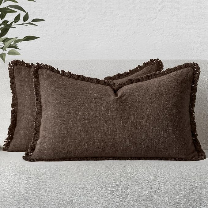 MIULEE Decorative Lumbar Throw Pillow Covers Neutral Linen Fringe Throw Pillows Set of 2 Reddish Brown Boho Farmhouse Cushion Covers for Couch Sofa Bed Living Room Fall Home Decor 12x20 Inch