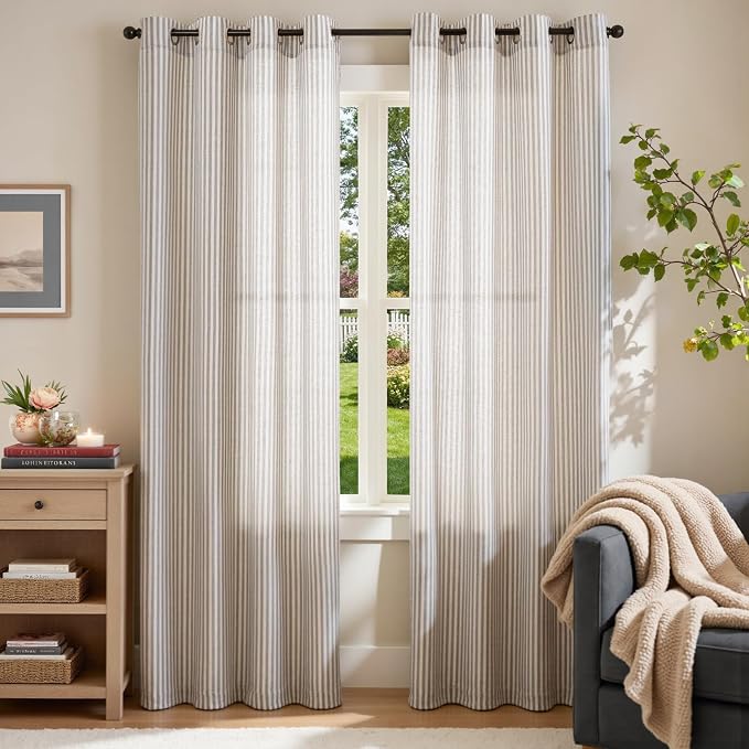 jinchan Linen Curtains for Living Room Taupe Grey on Beige Striped Curtains for Bedroom Ticking Stripe Light Filtering Farmhouse Cottage Core Rustic Grommet Window Treatment 2 Panels 84 inches