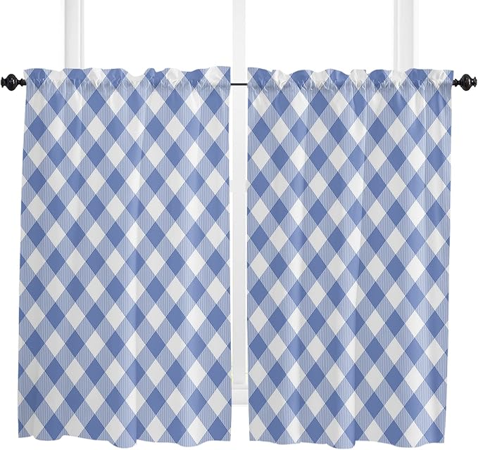 45 Inch Long Tier Curtains for Kitchen, Pastoral Style Blue Lattice Bathroom Window Curtains Rod Pocket Short Curtains Window Treatment Tiers for Living Room Farmhouse 2 Panels