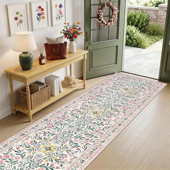 Runner Rug for Entryway: 2x5 Kitchen Rugs Non Slip Washable Ultra-Thin Soft Floral Carpet Indoor Floor Stain Resistant Carpets for Hallway Bedroom Kitchen Laundry Bathroom Dorm Pink/Green