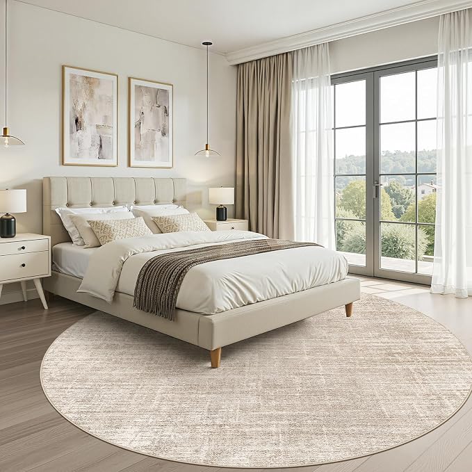 7ft Round Rug Living Room: 7x7 Washable Large Neutral Beige Circle Area Rug Abstract Soft Modern Stain Resistant Indoor Floor Non-Slip Carpet for Bedroom Nursery Kids Office Playroom Dining Room