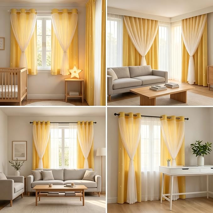Kids Blackout Curtains for Bedroom/Living Room/Classroom, Sheer Overlay 2 Panel Set, Double Layer Curtains with Star Cutout for Kids Room(Each Piece W 70 x L 72 Inches 2 Pcs Yellow)