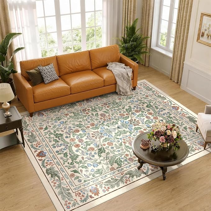 Floral 5x7 Area Rugs for Living Room, Machine Washable Vintage Rug Boho Low Pile Carpets Non Slip Soft Carpet for Farmhouse Bedroom Office Rugs, Kids Room, Nursery Room, Playroom, Beige