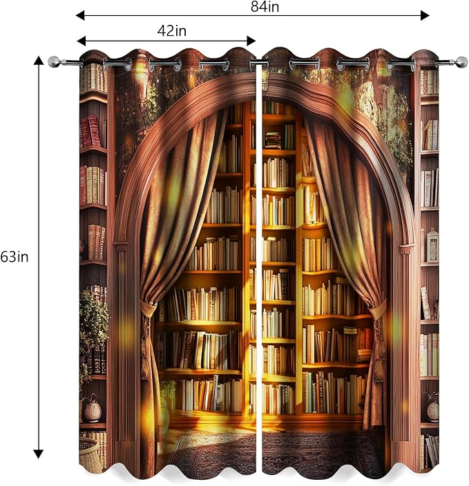 MissHope Library Bookshelf Blackout Curtains Sunshine Vintage Book Bookcase Tree Decor Women Men Boys Girls Bedroom Study Classroom Living Room Darkening Grommet Window Drapes 2 Panel Set, 42x63 Inch