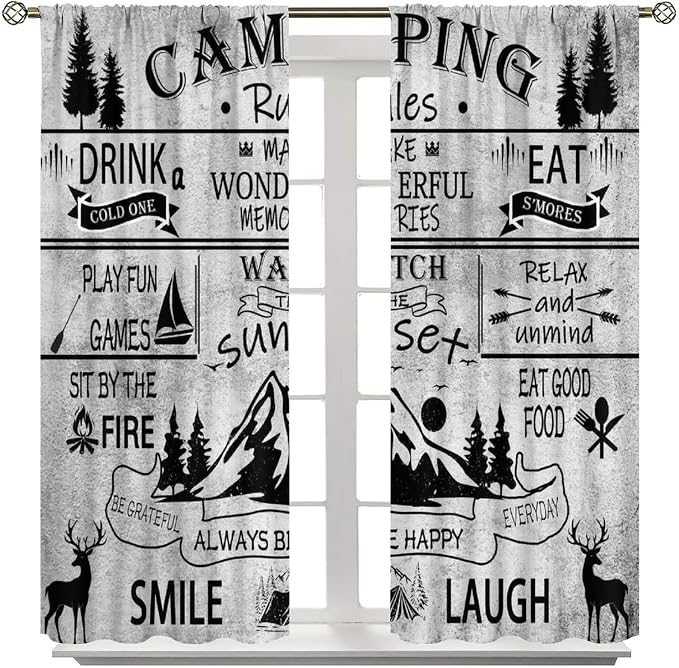 Farmhouse Camping Rules Curtains Vintage Rustic Vintage Farm Black and White Deer Mountain Adventure Forest Windows Treatments for Kitchen Farm Living Room Bedroom 42x45in