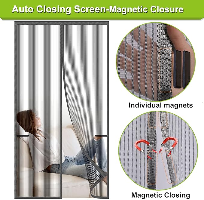 Risareyi Magnetic Screen Door Heavy Duty, Front Door Screen Magnetic Closure Thicken Tear-Resistant Mesh Keep Bugs Out, Grey - Net Curtain Itself Size 48" x 76"