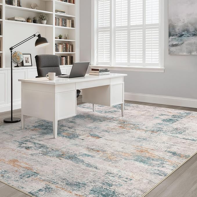 6x8 Area Rug Living Room: Washable Large Neutral Aqua Brown Rugs Abstract Soft Modern Stain Resistant Indoor Floor Non-Slip Carpet for Bedroom Nursery Kids Office Playroom Dining Room Under Table
