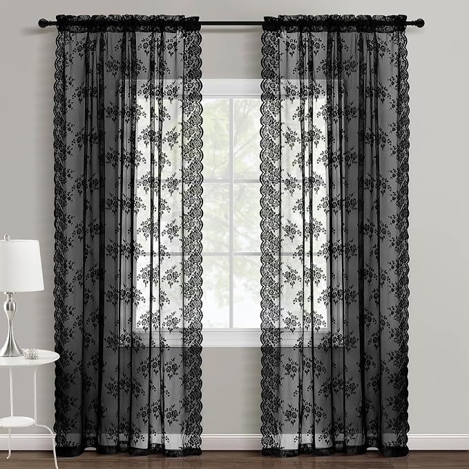 Kotile Black Lace Curtains 63 Inch Length 2 Panels, Country Rustic Floral Gothic Sheer Curtains for Halloween, Rod Pocket Vintage Privacy Sheer Lace Curtains, 42 x 63 Inch Each, 1 Pair, Black