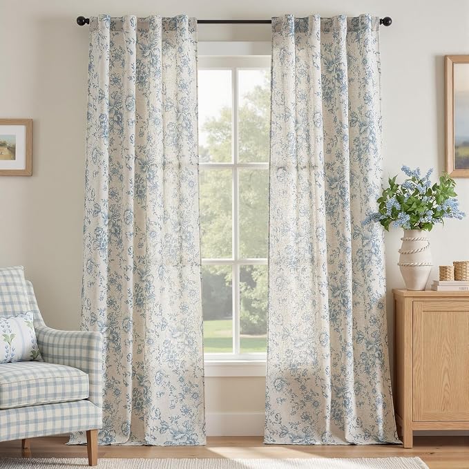 jinchan Linen Floral Curtains 96 Inch Length for Living Room Bedroom Light Filtering Farmhouse Peony Flower Drapes Rustic Window Curtain Set Rod Pocket Back Tab 2 Panels Blue