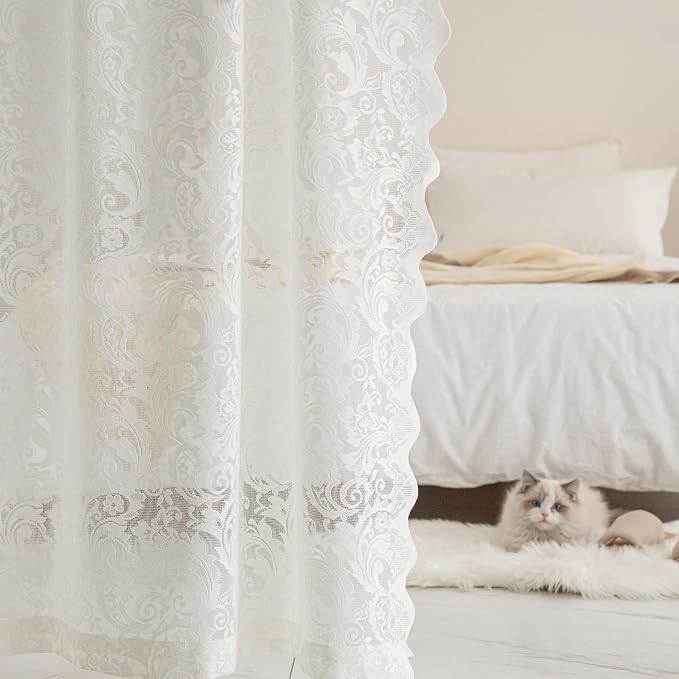 ALIGOGO Ivory Kitchen Curtains 45 Inch Length Rustic Country Floral Lace Cafe Curtains for Small Window Embroidered Privacy Scalloped Crochet Rod Pocket, 52 x 45 Inch, 2 Panels