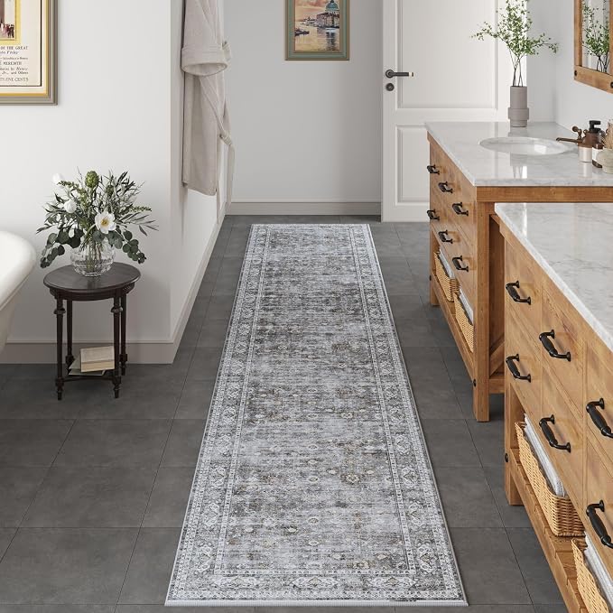 Rugcomf Long Hallway Runner Rug 2'7"x14' - Vintage Washable Non Slip Runner Rug, Boho Carpet for Hallways, Kitchen, Entryway, Hall, Bathroom - Grey