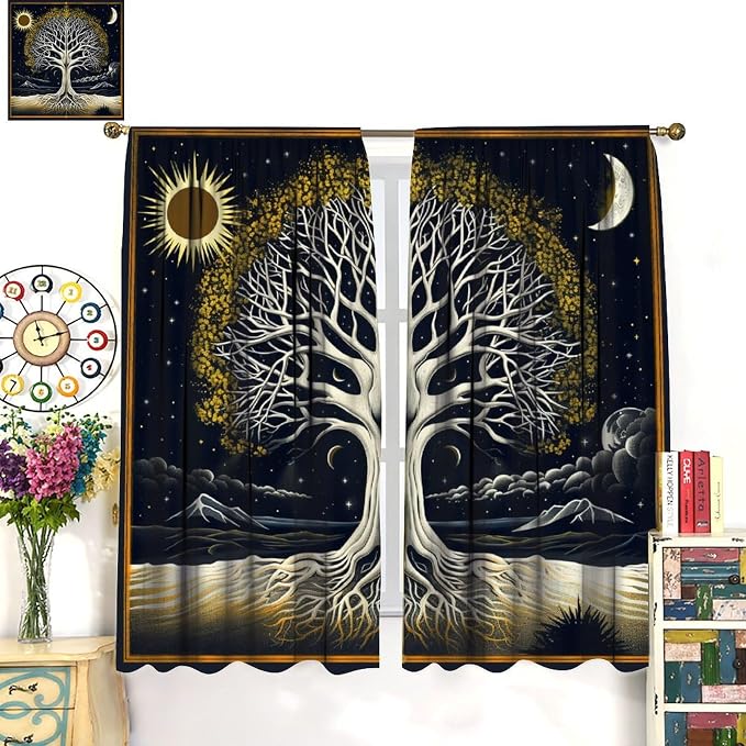 Sun Moon Blackout Curtains, Vintage Abstract Sun Moon Tree of Life Bohemian Mystic Window Drapes, for Bedroom Living Room 63" W X 63" L