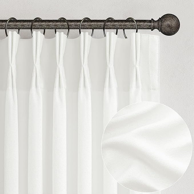 Pinch Pleated Sheer Pure White Curtains 90 Inches Long for Bedroom, Faux Linen Farmhouse Viral Light Filterin Privacy Curtains That Let Light in Kids Room Window Drapes Hooks 40"W x 90"L Panels 2 Set