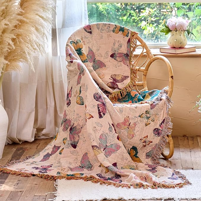 Boho Butterfly Throw Blanket 50"x60" Couch Blanket,100% Cotton Reversible Soft Breathable Lightweight Spring Decorative Blankets with Tassels for Sofa Bed Decor All Season