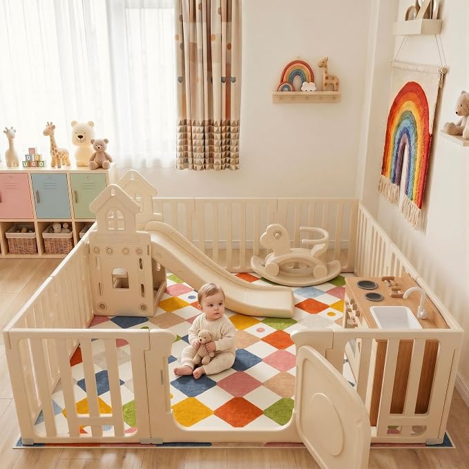 jinchan Macy Area Rug for Kids Room 6'x6' Square Rug Modern Colorful Nursery Rug Checkered Diamond Play Mat Washable Soft Non Slip Carpet for Playroom Bedroom Dorm Daycare Circus on Cream