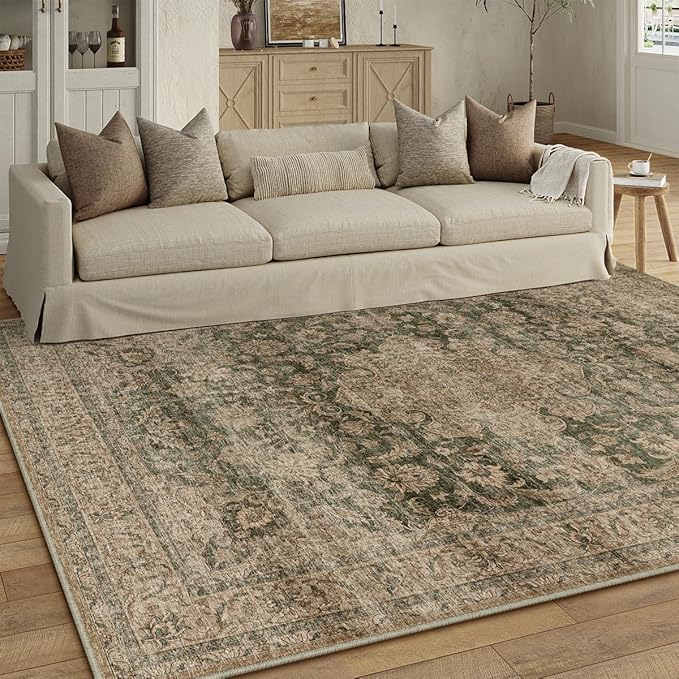 6x9 Washable Area Rug Green Brown Vintage Non Slip Soft Low Pile Rug for Living Room Bedroom Dining Room Office Distressed Oriental Indoor Throw Carpet for Home Decor
