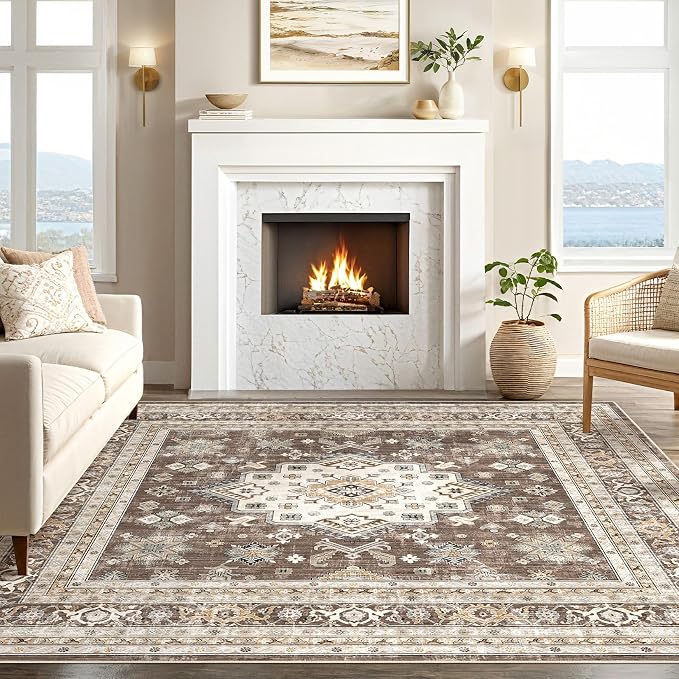 Vintage Living Room Square Area Rug 8x8 - Large Soft Washable Oriental Traditional Distressed Farmhouse Rugs for Bedroom - Indoor Floor Accent Carpet for Home Office House Decor - Dark Brown