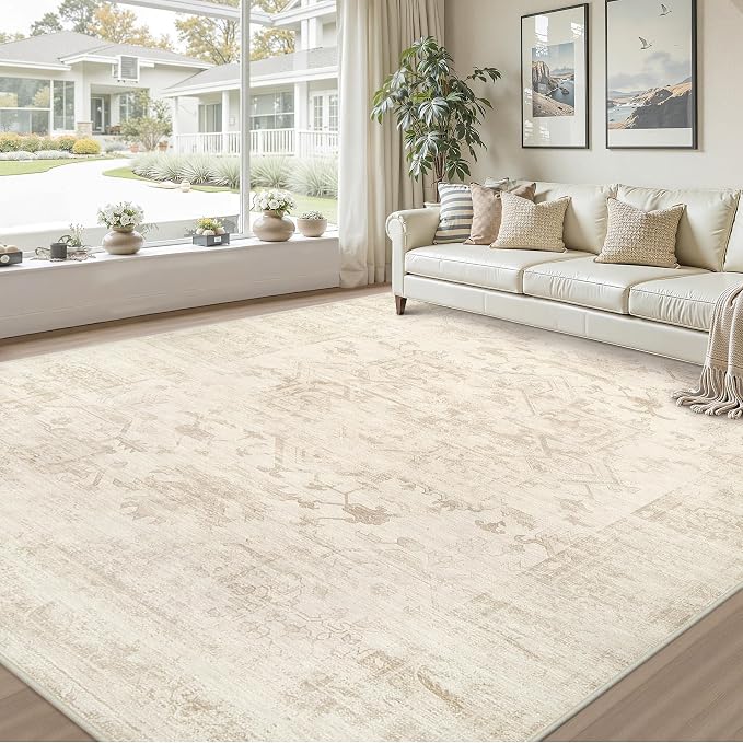 Area Rugs 9x12 Living Room: Vintage Boho Neutral Washable Rug Indoor Soft Large Area Rug Carpet for Bedroom Nursery Farmhouse Dining Room Office Floor Non-Slip Low Pile Under Table Rug Beige/Brown