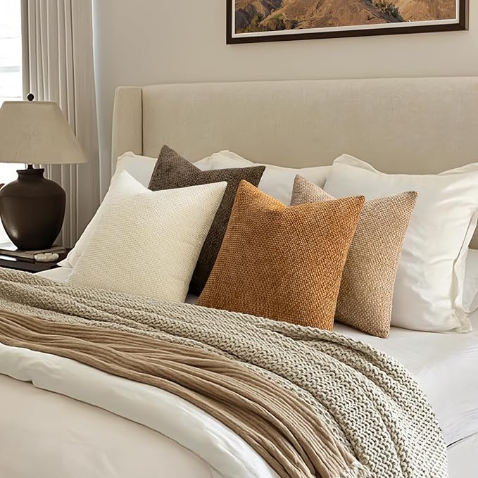 MIULEE Pack of 4 Brown Couch Throw Pillow Covers 20x20 Inch Soft Decorative Chenille Pillows Farmhouse Accent Cushions for Boho Fall Home Decor Sofa Bedroom Living Room