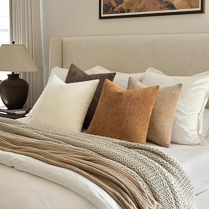 MIULEE Pack of 4 Brown Couch Throw Pillow Covers 24x24 Inch Soft Decorative Chenille Pillows Farmhouse Accent Cushions for Boho Fall Home Decor Sofa Bedroom Living Room
