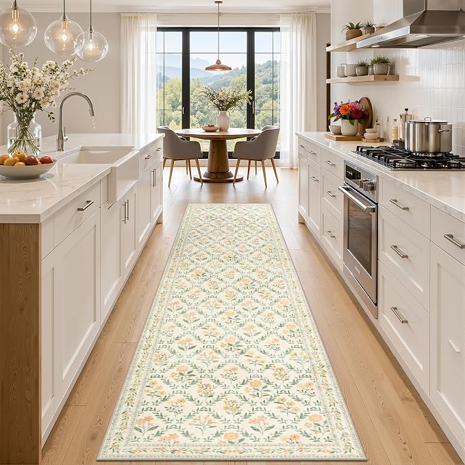 Runner Rug for Entryway: 2.6x10 Kitchen Rugs Non Slip Washable Ultra-Thin Soft Floral Carpet Indoor Floor Stain Resistant Carpets for Hallway Bedroom Kitchen Laundry Bathroom Dorm Beige/Multi