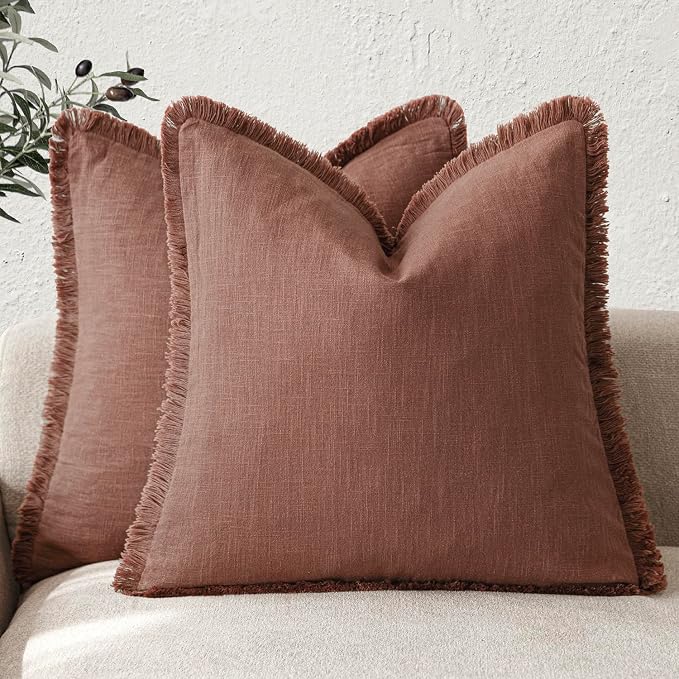 Foindtower Set of 2 Decorative Linen Fringe Throw Pillow Covers Boho Farmhouse Cushion Cover with Tassels Soft Accent Pillowcase for Couch Chair Sofa Bed Living Room Home Decor,18×18 Inch,Rust Red
