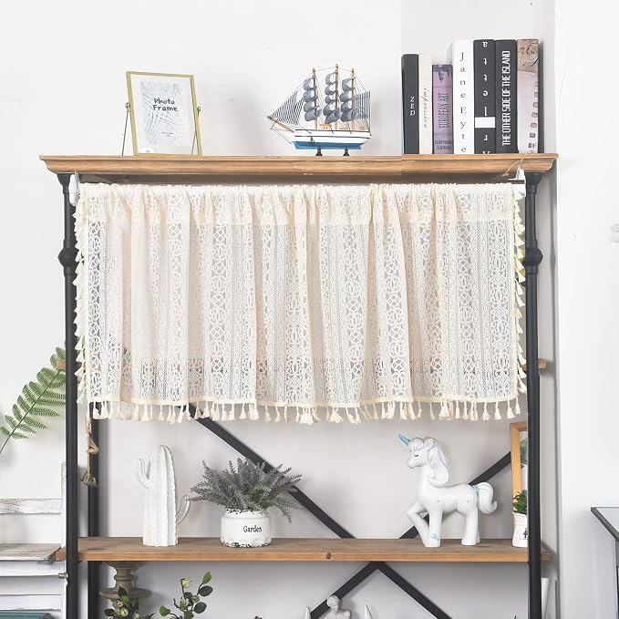 Sutuo Home Boho Sheer Curtain Valance Crochet Lace with Bohemian Hollow Knitted Handmade Tassels, Short Rustic Window Treatment for Kitchen Cafe, Rod Pocket, 1 Panel 59" W x 18" L, Beige