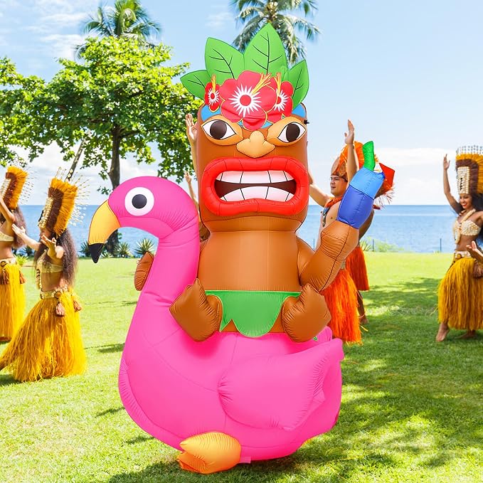 Shappy 5 ft Inflatable Tiki Flamingo Surfboard Luau Hawaiian Party Decorations Summer Inflatables Outdoor LED Lighted Tiki Blow up Beach Tropical Pool Surfing Yard Party Supplies Favors(Delicate)