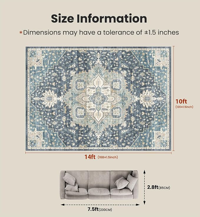 AMADA HOMEFURNISHING 10x14 Washable Area Rug, Low-Profile Large Area Rug with Non-Slip Backing & Durable Edge Binding, Vintage Large Rugs for Living Room, Bedroom & Dining Room