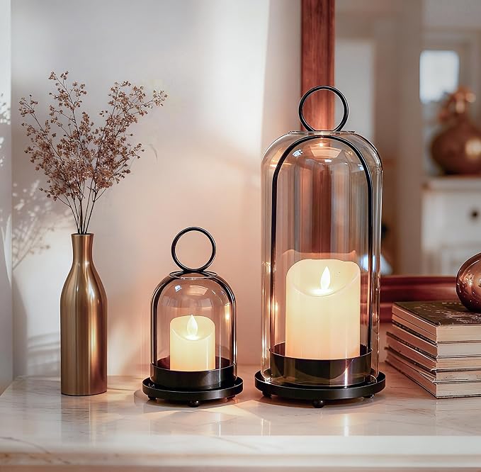 Hurricane Candle Holders Set of 2, 5" & 4" Metal and Glass Candle Lantern with Clear Dome for Pillar Candle, Wedding & Christmas Table Centerpiece, Farmhouse Home Decor (Black, Large & Small)