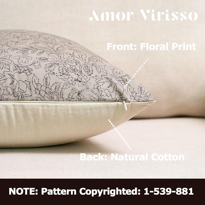 Amor Virisso Floral Throw Pillow Covers 24x24 Set of 2 Vintage Block Print Pillow Covers Decorative Pillow Covers Couch Pillows for Living Room Farmhouse Accent Sofa Pillows, Black/Sand