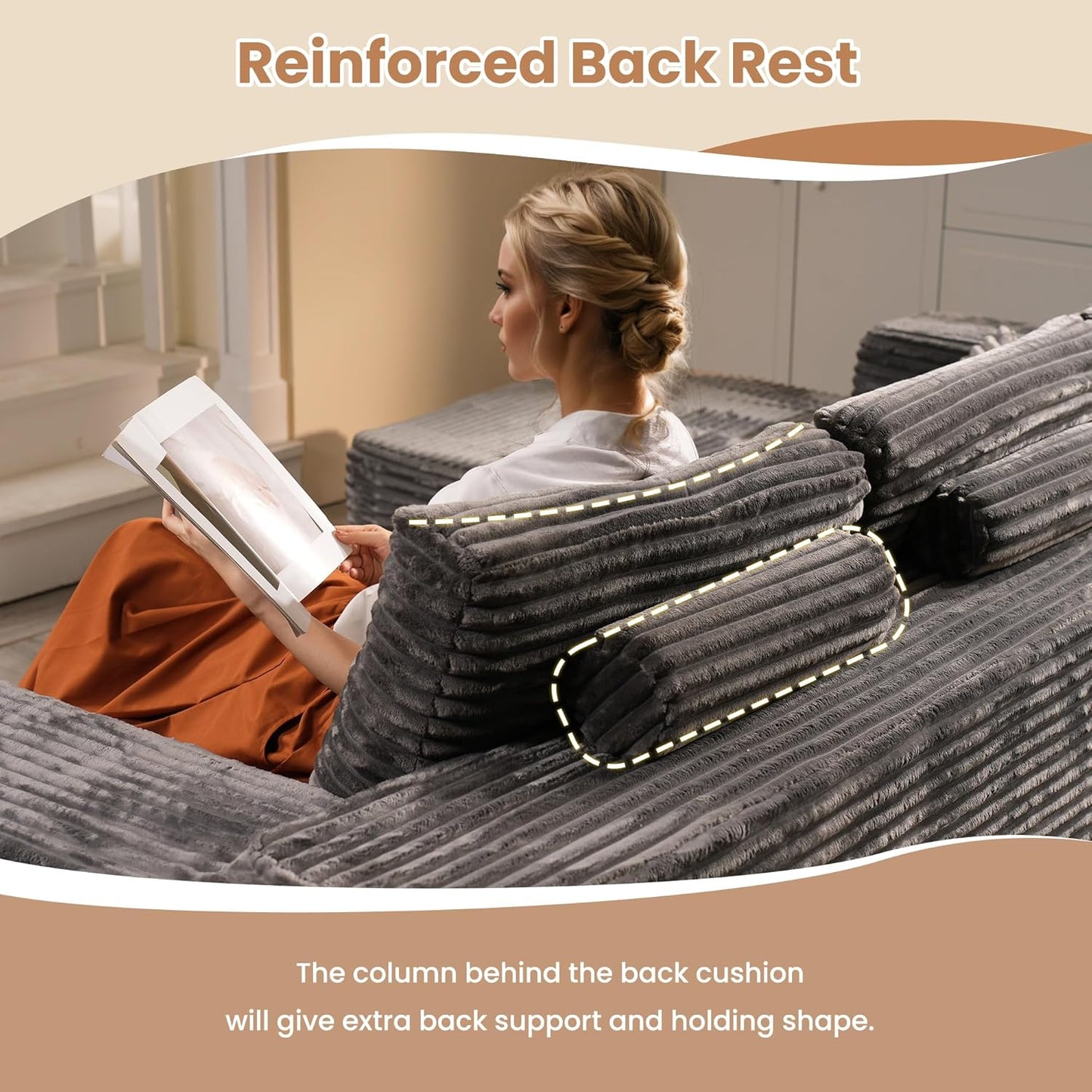 HOOOWOOO Cloud Sectional Couches for Living Room,Modular Sectional Sofa No Assembly,110X79 Inch Plush Corduroy Large U Shaped Floor Couch Set with Deep Seat Chaise(Gray)