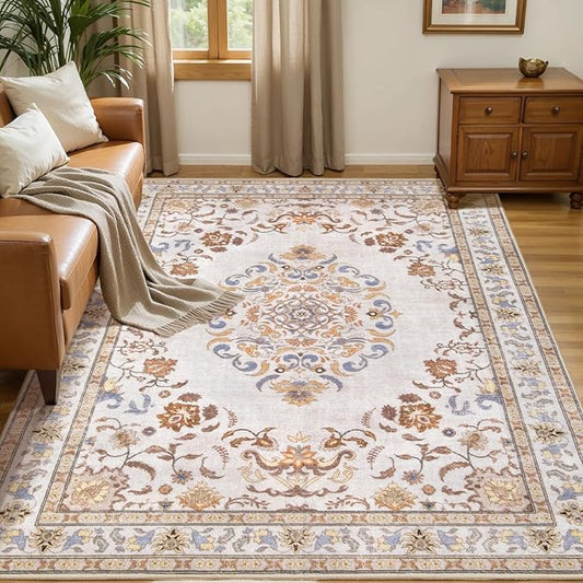 Tangsoo Washable Area Rugs 3x5 Non Slip, Boho Vintage Beige Neutral Throw Rug for Bedroom Entryway, Soft Low Pile Floor Carpet Indoor Mat for Entrance Bedroom Bedside Kitchen Nursery Office Farmhouse