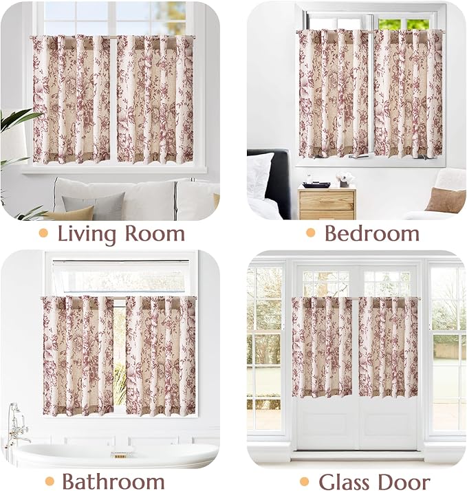 jinchan Linen Floral Tier Curtains 24 Inch Farmhouse Botanic Cafe Curtains Light Filtering Drapes for Small Windows Back Tab Half Window for Kitchen Living Room Bathroom 2 Panels Red