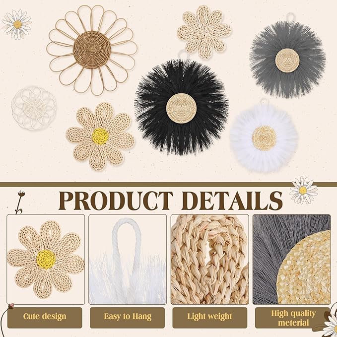Chunful 7 Pcs Boho Wall Basket Decor Rattan Flower Wall Decor Nursery Daisy Flower Woven Macrame Hanging Flowers for Baby Kids Girls Farmhouse Bedrooms Living Rooms Kitchen Home(Light Grey)